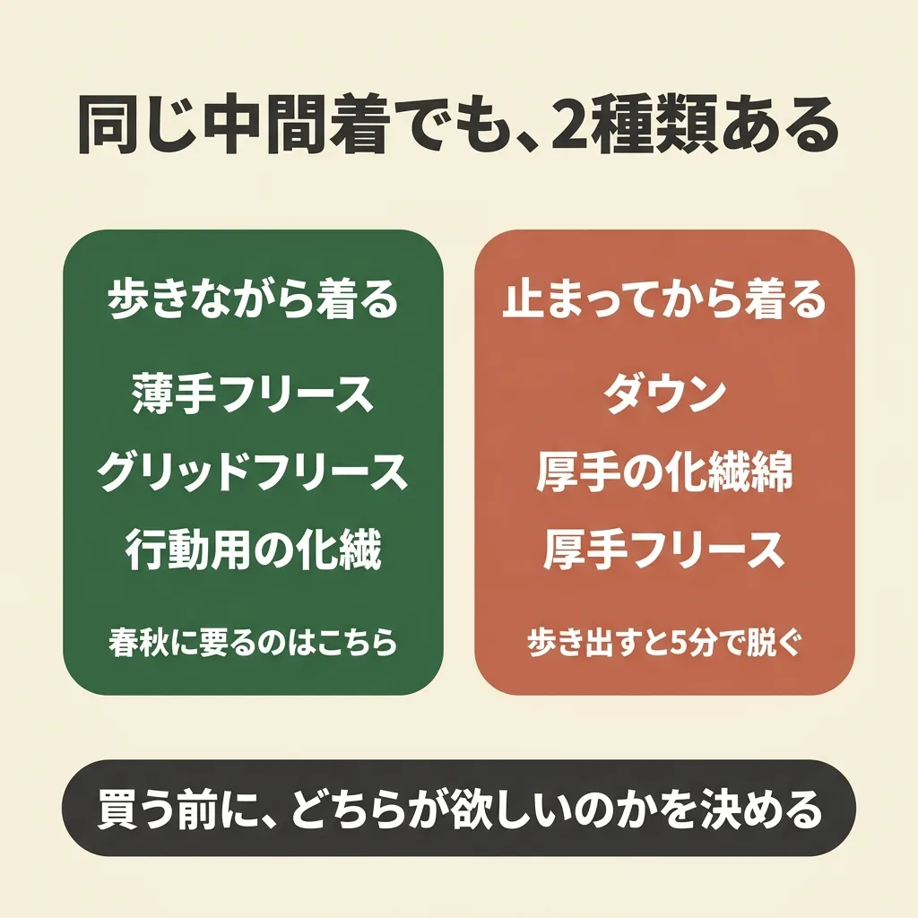 ミドルレイヤーは2種類。歩きながら着るフリースやグリッドフリースと、止まってから着るダウンや化繊綿は別物