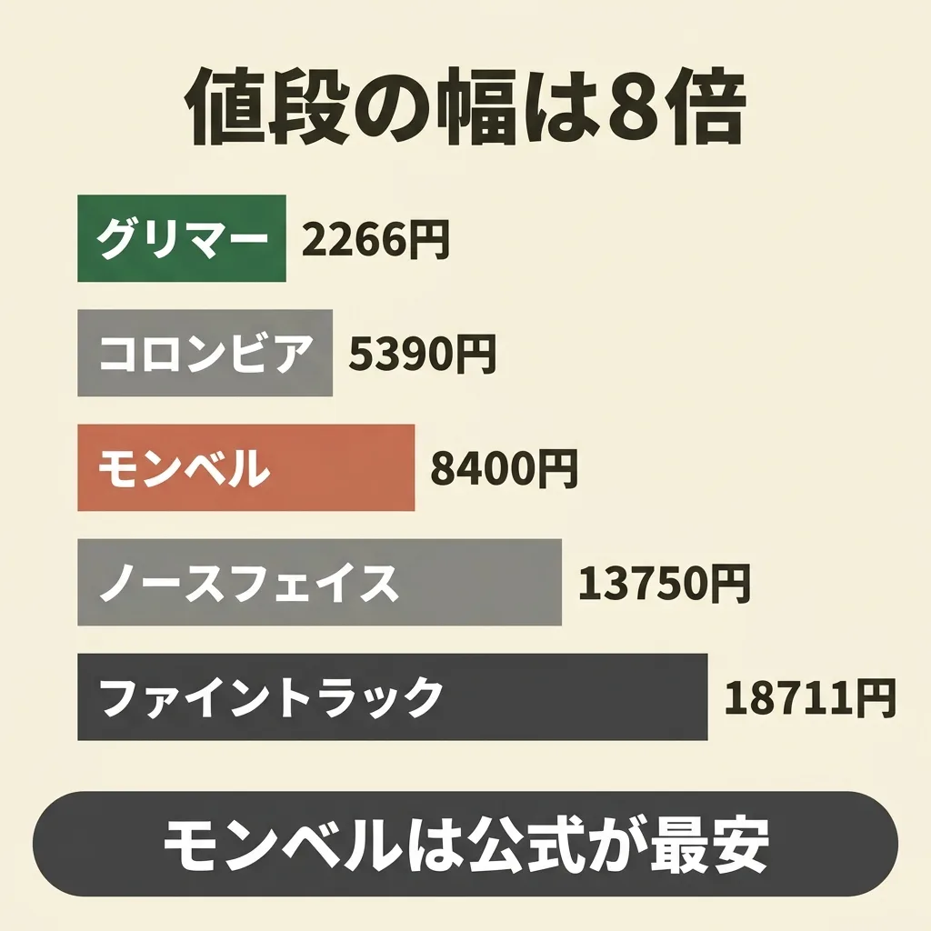 春秋ミドルレイヤーの価格帯。2266円から18711円まで。モンベルは公式8400円で最安