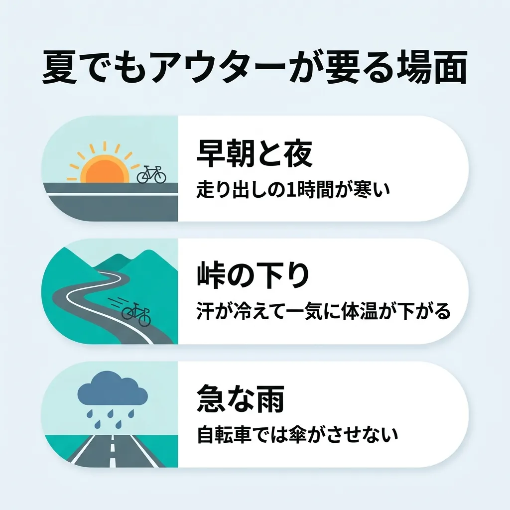 夏でもアウターが要る3つの場面:早朝・峠の下り・急な雨