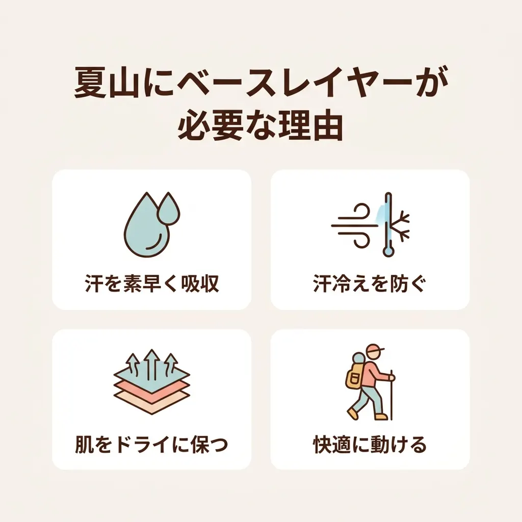 綿では対応できない汗処理を解決し、夏山を快適にするベースレイヤーの役割