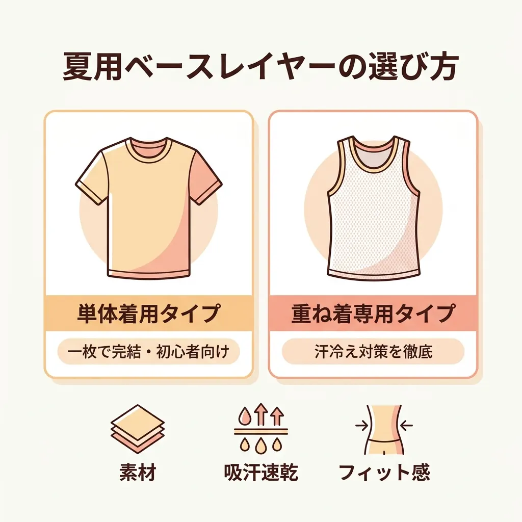 まず単体着用か重ね着専用かを決め、素材と速乾性で選ぶ手順を整理