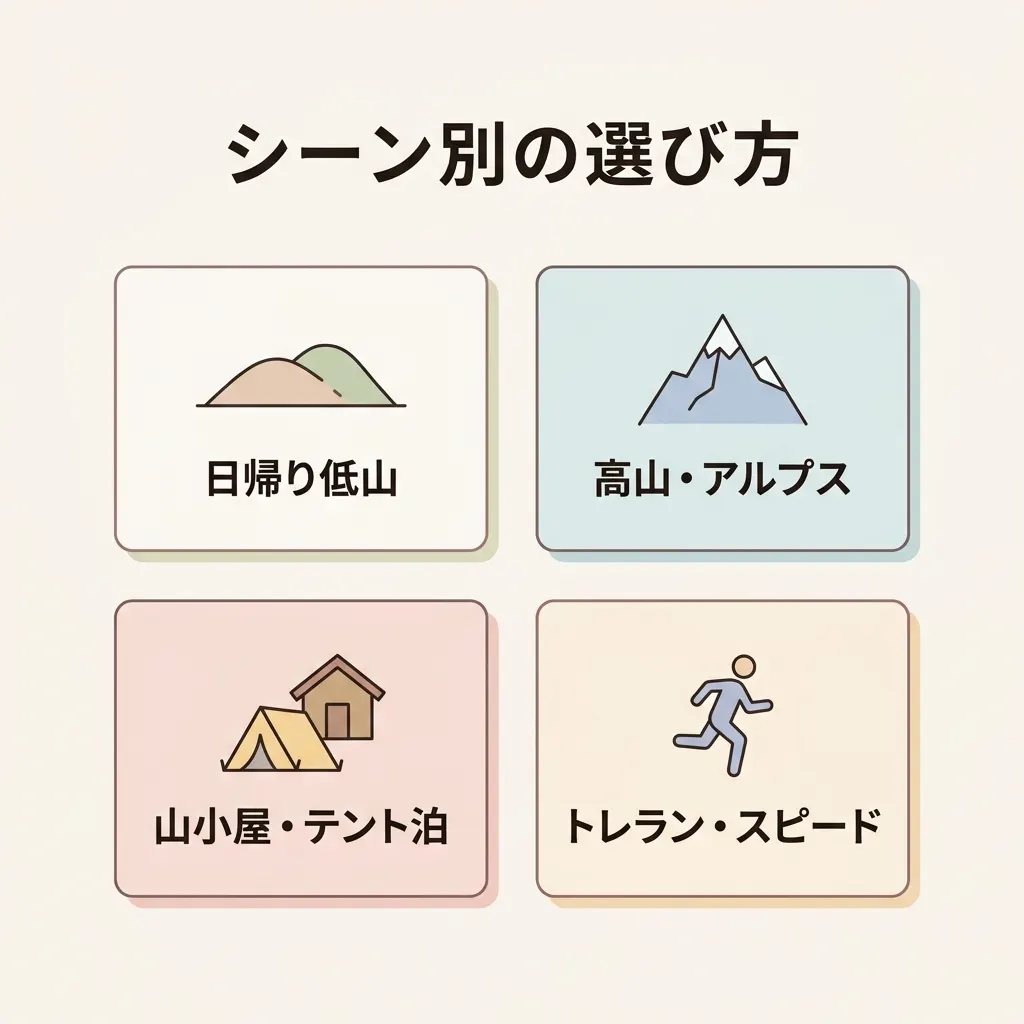 日帰り低山から高山・泊まり・トレランまで、シーン別に適した一枚を選ぶ視点