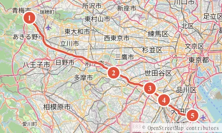 多摩川サイクリングロードのルート地図（羽村取水堰から羽田までの5スポット）