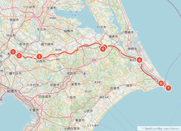 手賀沼〜佐原〜銚子サイクリング 約113kmのルート地図と主要スポット