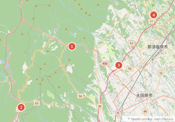 栃木県の那須・日光で温泉が楽しめるキャンプ場4つの位置図。塩原グリーンビレッジ・鬼怒川温泉オートキャンプ場・那須野が原公園オートキャンプ場・キャンプ・アンド・キャビンズ那須高原