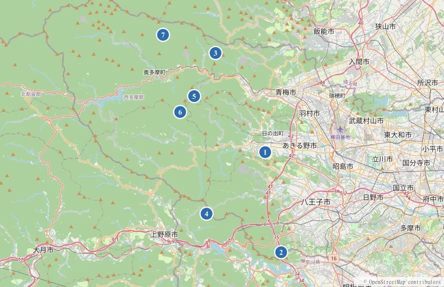 東京の低山7座の位置図。網代弁天山・草戸山・高水三山・陣馬山・御岳山・大岳山・川苔山