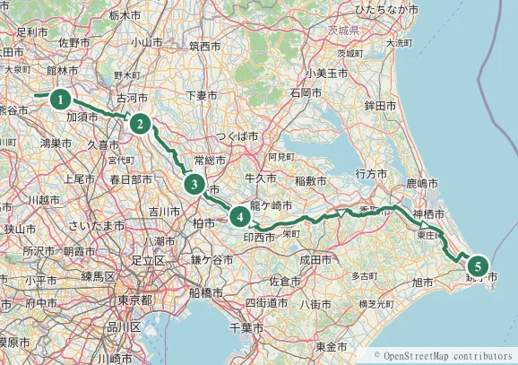 利根川サイクリングロード 行田〜銚子の全体像と5エリアの地図