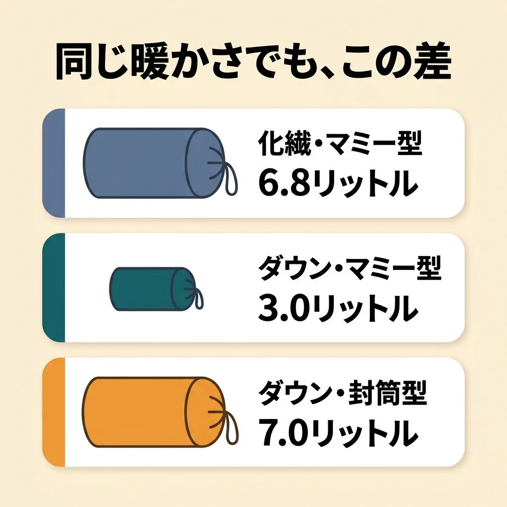 同じ快適温度5℃前後でも収納体積が変わる:化繊マミー型6.8L、ダウンマミー型3.0L、ダウン封筒型7.0L