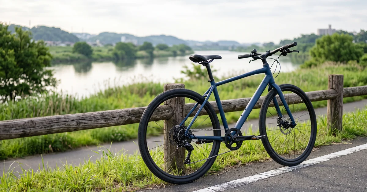 川沿いのサイクリングロードの柵に立てかけた、フラットハンドルのクロスバイク