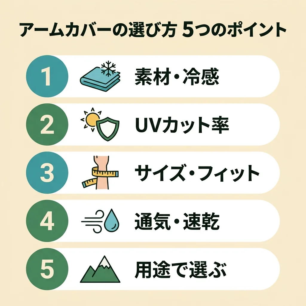 アームカバーの選び方5つのポイント：素材・冷感／UVカット率／サイズ・フィット／通気・速乾／用途