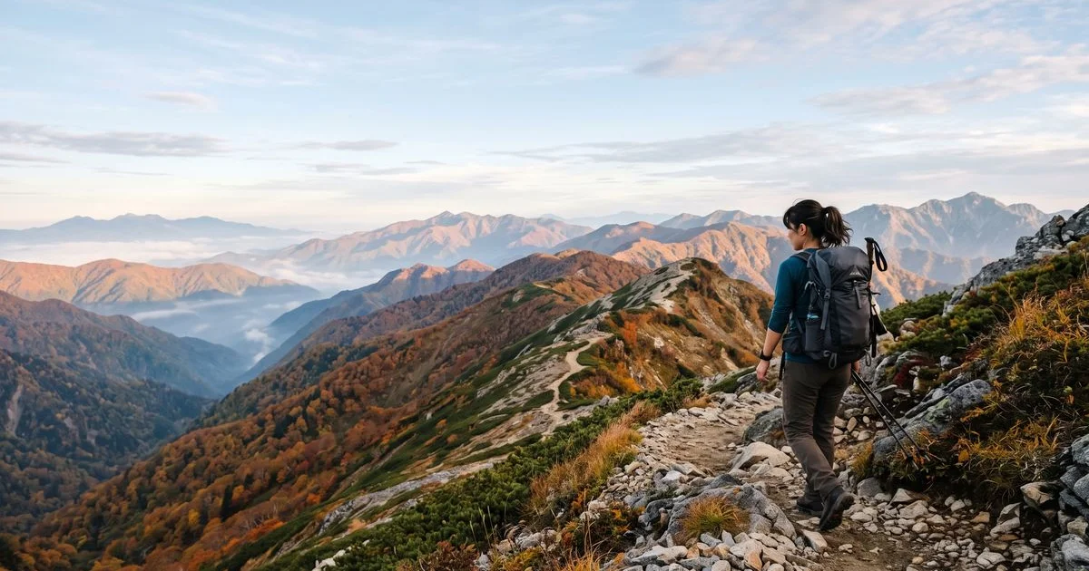 春秋の稜線をベースレイヤー1枚で歩く登山者