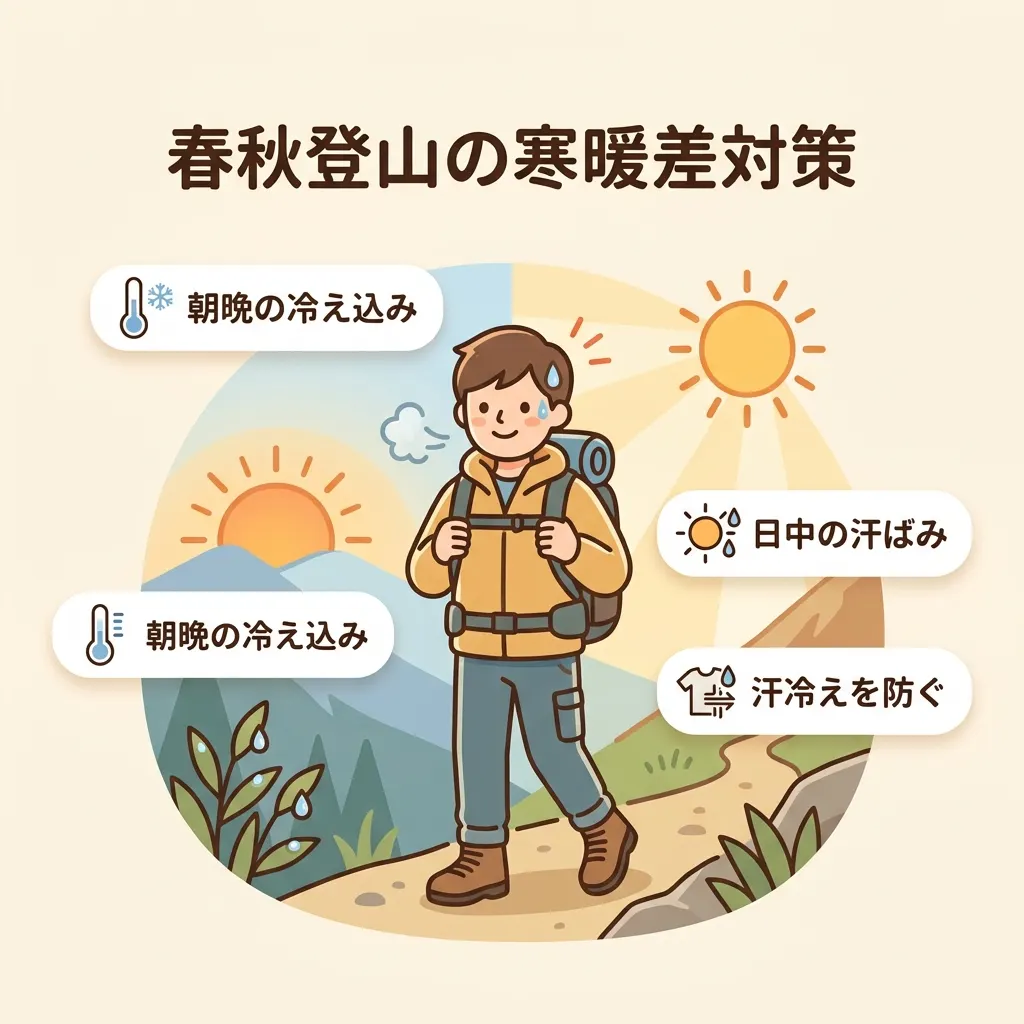 春秋登山は朝晩の冷えと日中の汗ばみ差が大きく、汗冷え対策が快適さの鍵です