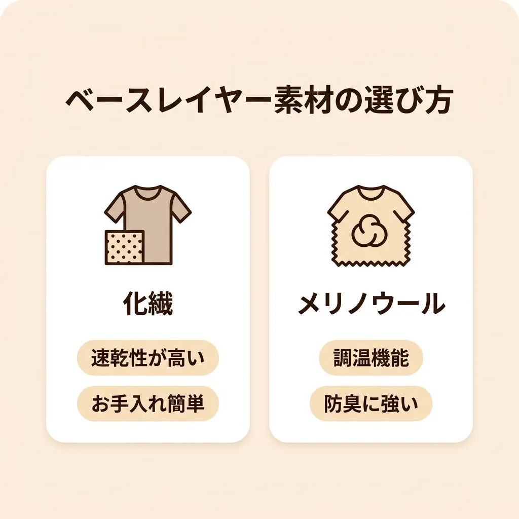 化繊は速乾で扱いやすく、メリノウールは調温と防臭に優れ用途で選び分けます