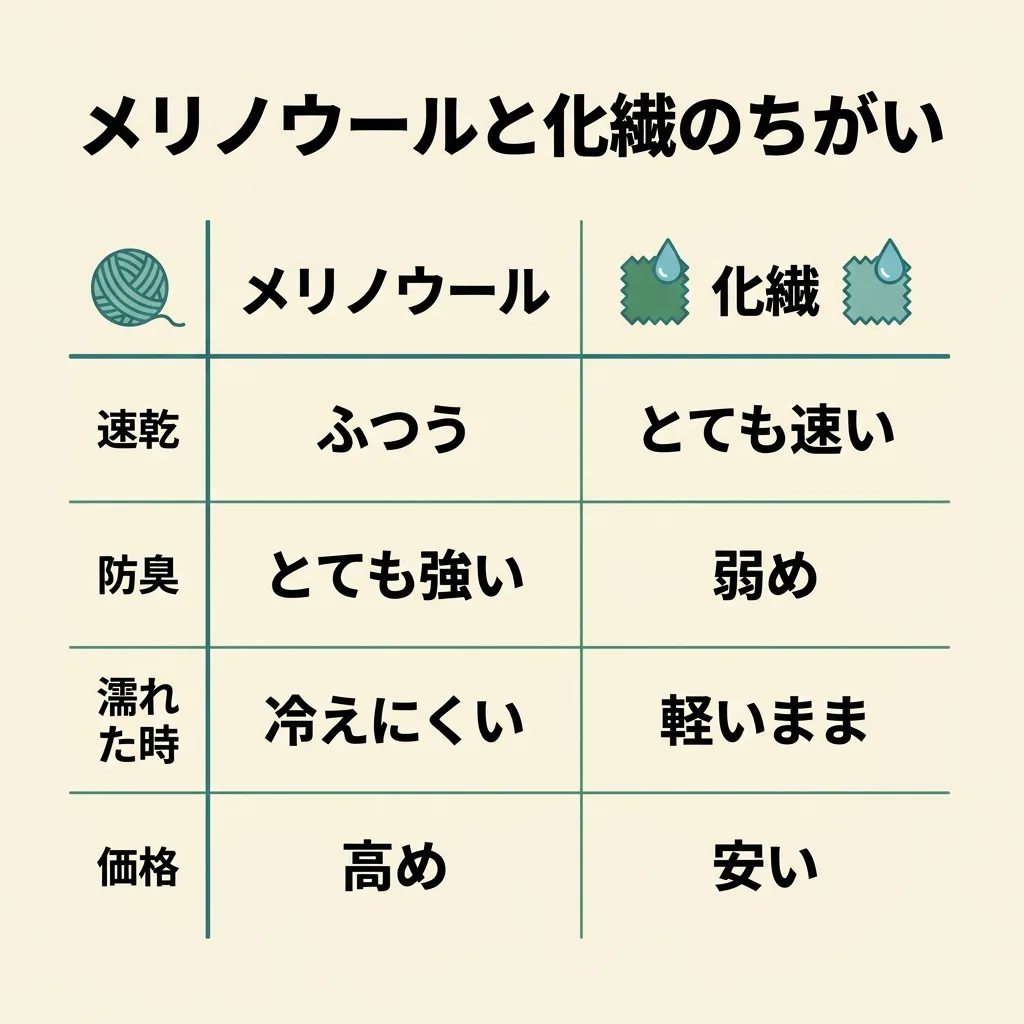 メリノウールと化繊ベースレイヤーの違い：速乾性・防臭性・濡れたときの保温・価格を比較