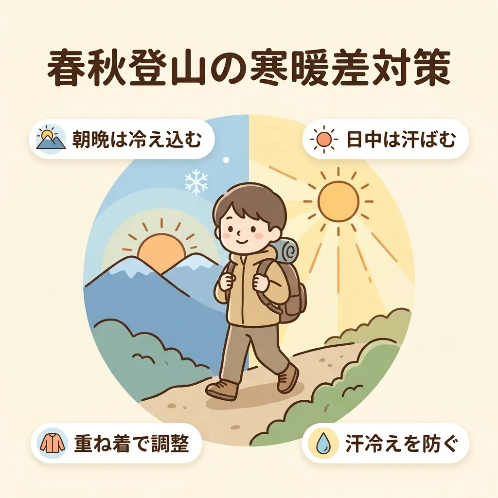 春秋登山の寒暖差：朝晩の冷え込みと日中の汗ばみ、汗冷えを防ぐことが快適さの鍵