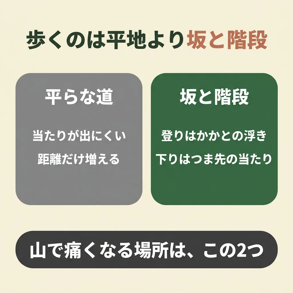 登山靴の慣らしは平地より坂と階段。登りはかかとの浮き、下りはつま先の当たりを見る