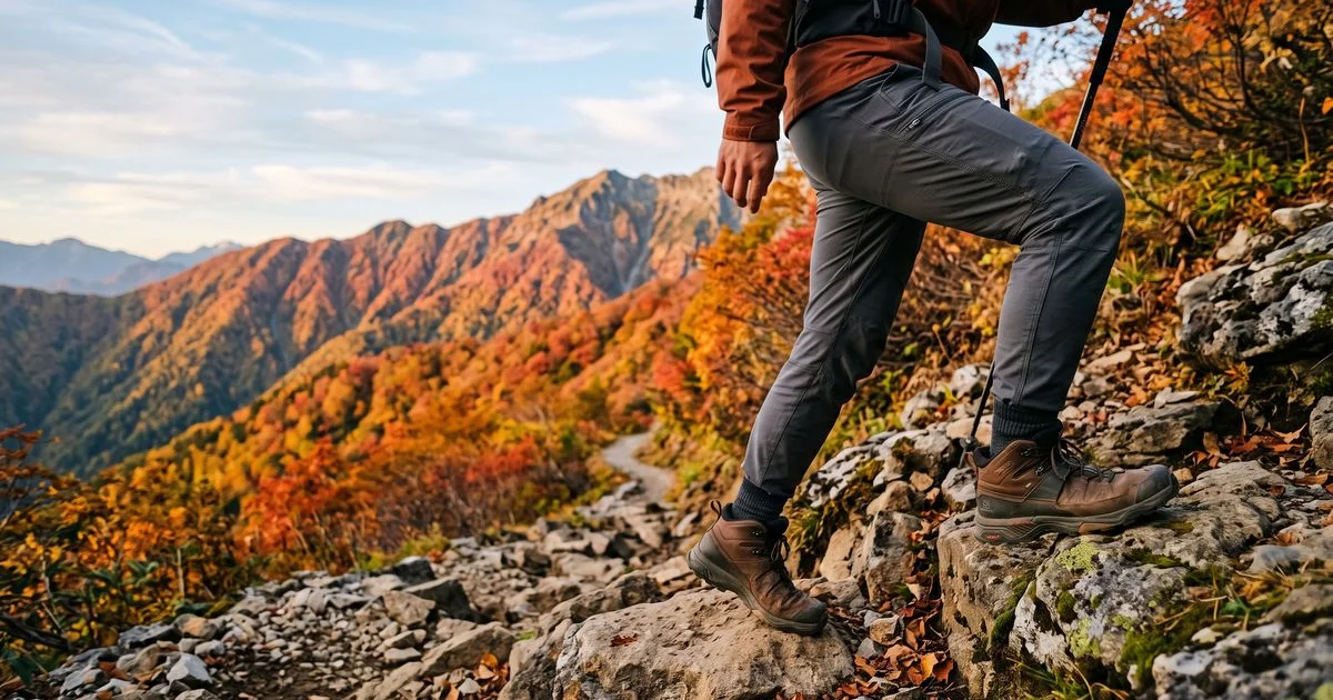 秋の登山道を歩く登山者の脚元とトレッキングパンツ