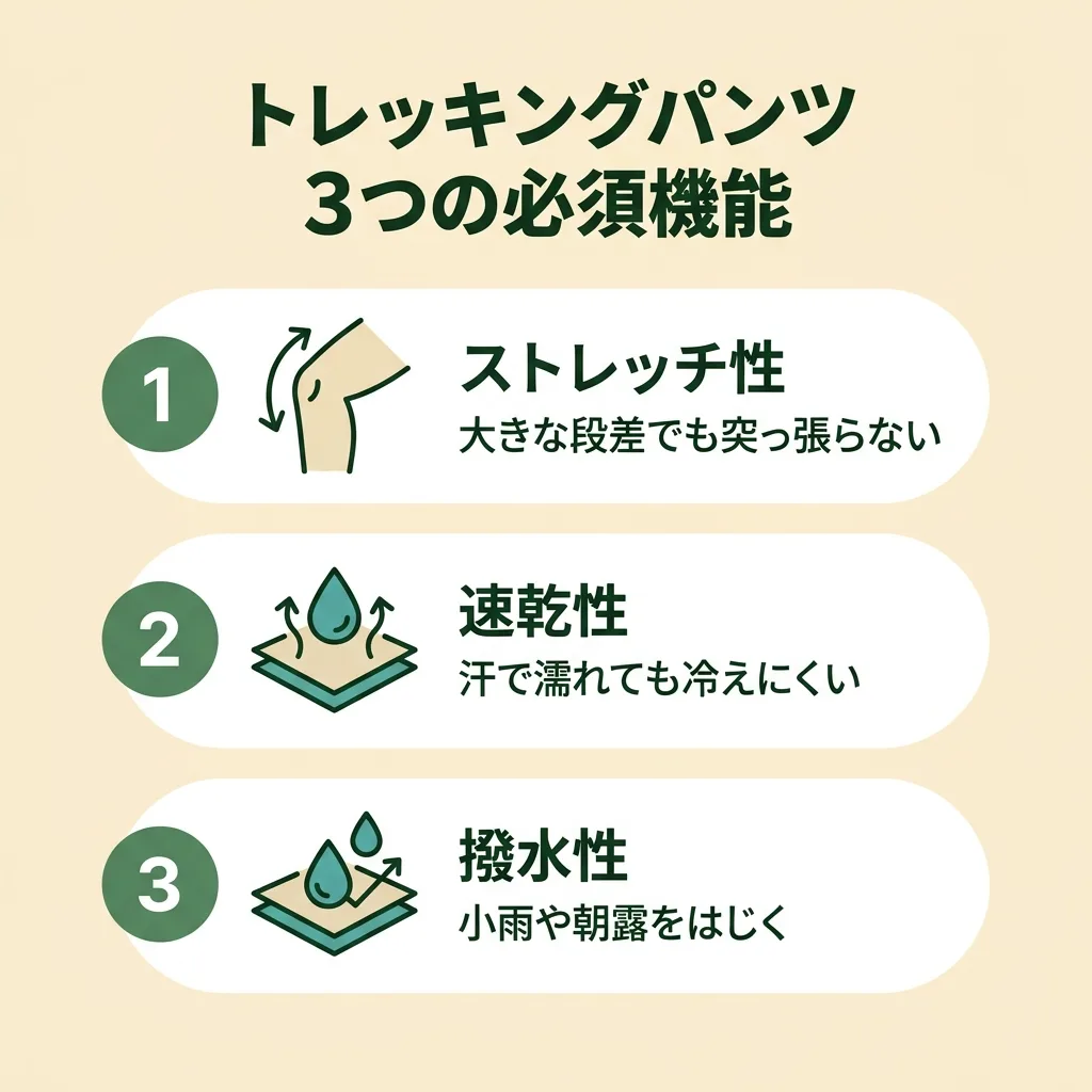 トレッキングパンツの3つの必須機能：ストレッチ性・速乾性・撥水性
