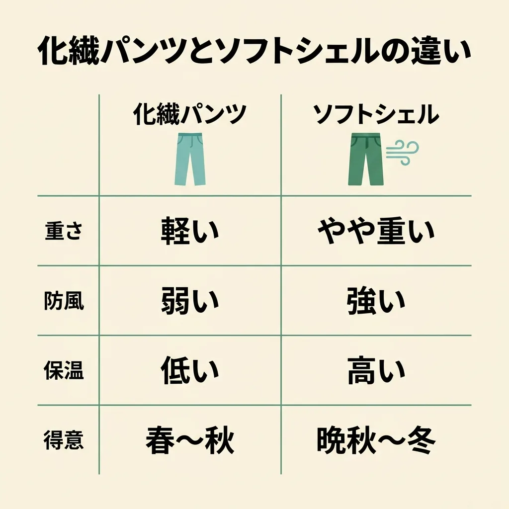 化繊トレッキングパンツとソフトシェルパンツの違い：軽さ・防風・保温・得意な季節を比較
