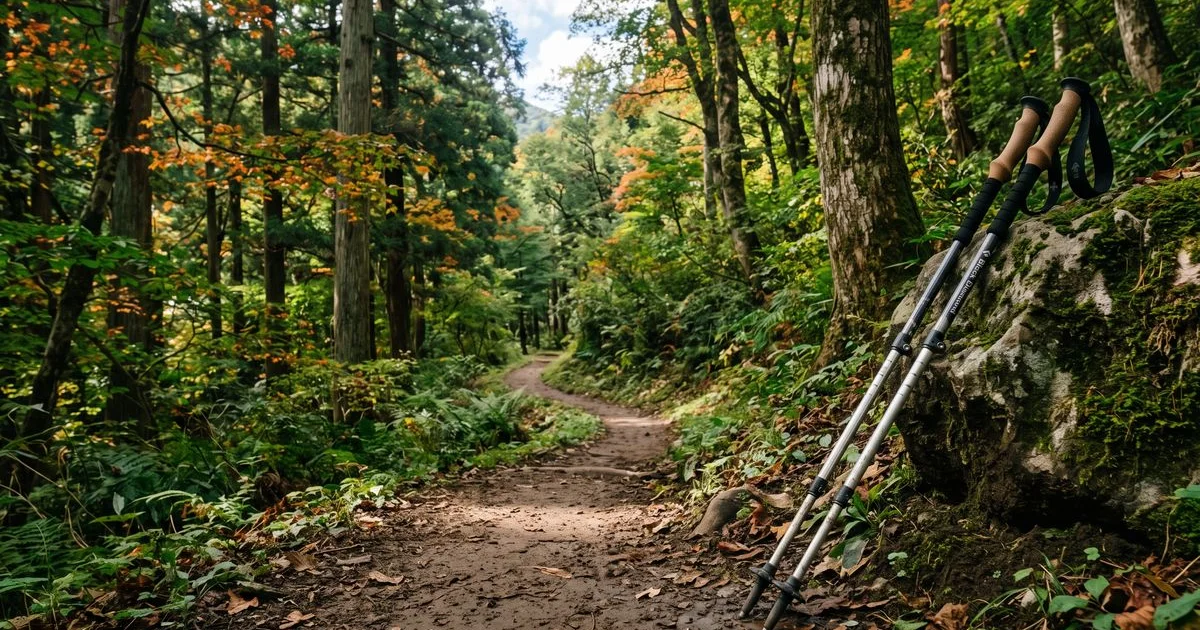 登山道の脇に立てかけられた2本のトレッキングポール