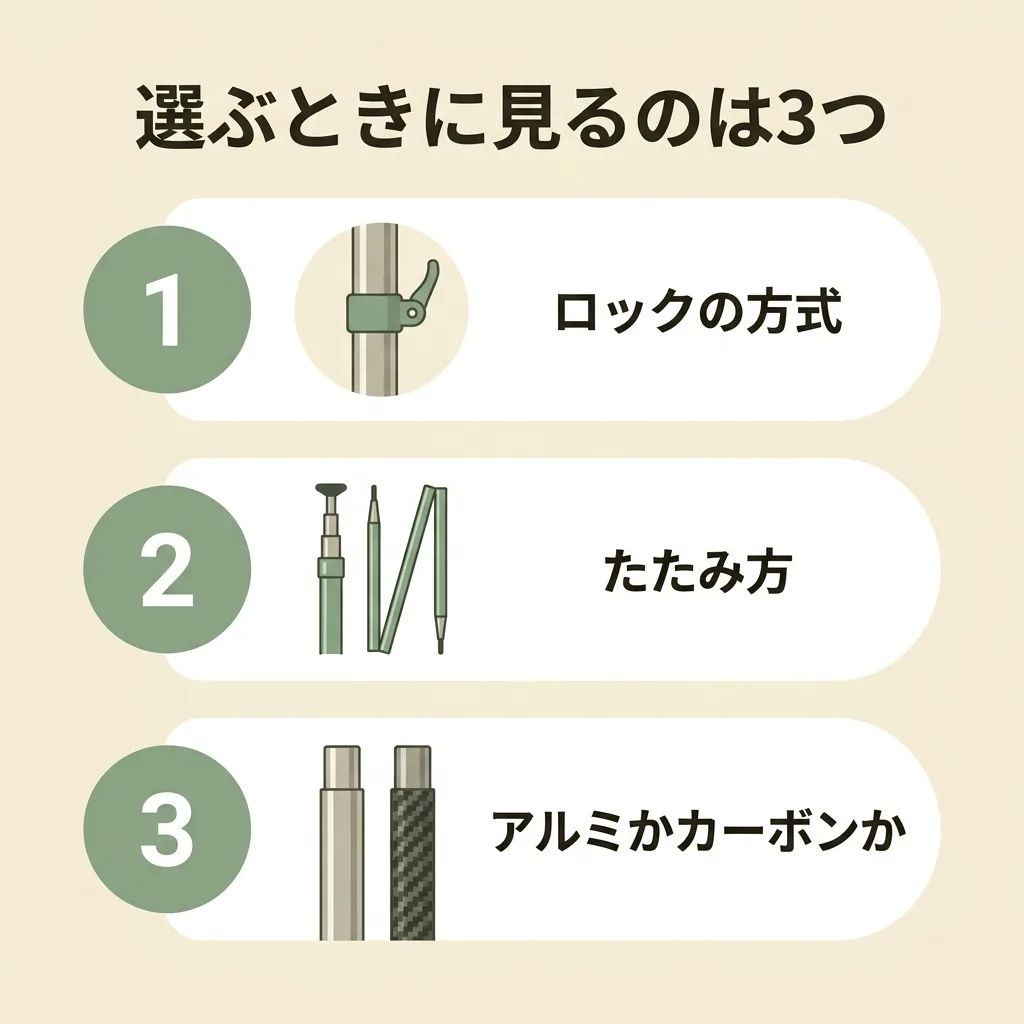 トレッキングポールを選ぶときに見る3つ:ロックの方式、たたみ方、素材