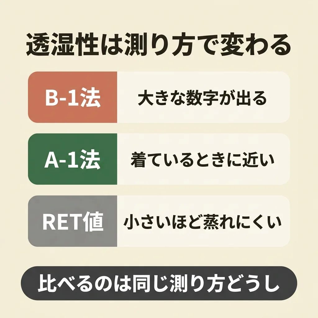 透湿性の数字は測り方で変わる。B-1法は大きな数字が出る、A-1法は着ているときに近い、RET値は小さいほど蒸れにくい
