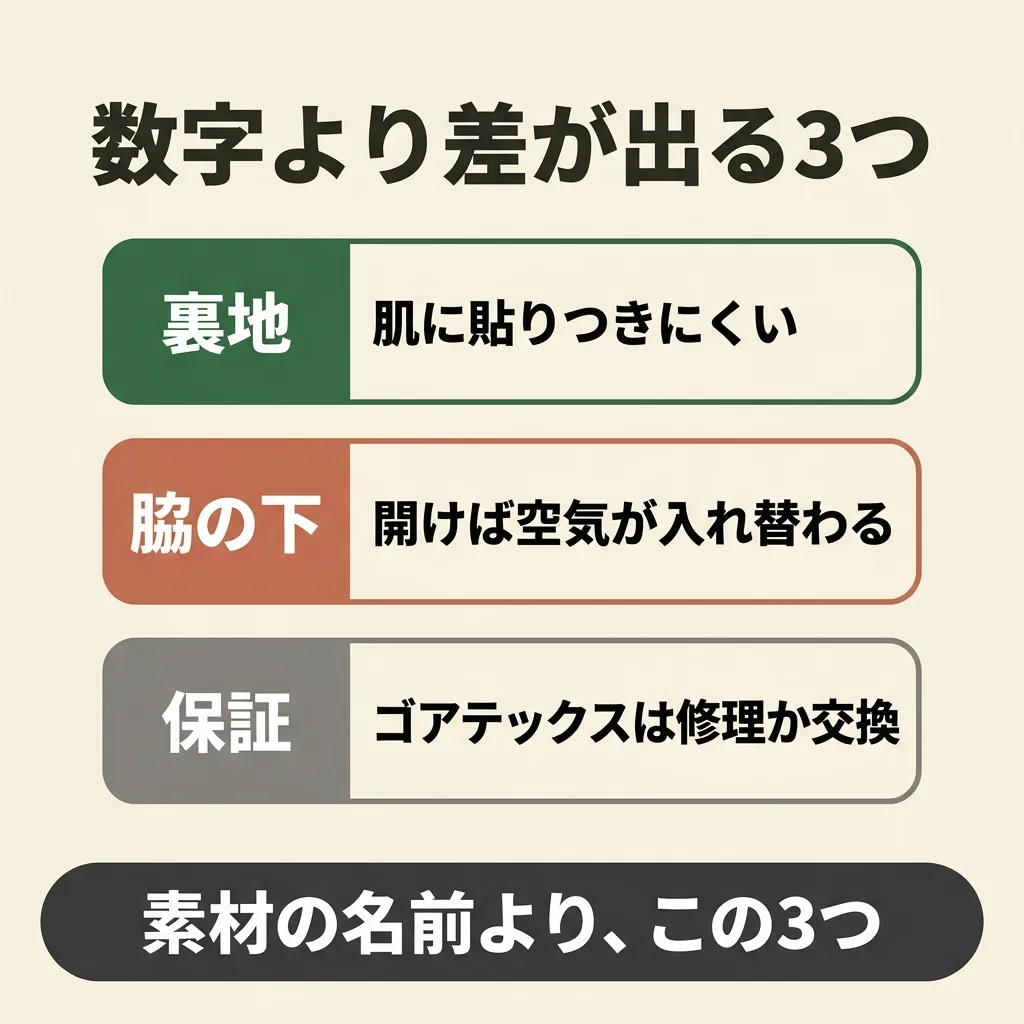 素材の名前より山で差が出る3つ。裏地が貼ってある3レイヤー、脇の下が開くこと、ゴアテックスの保証