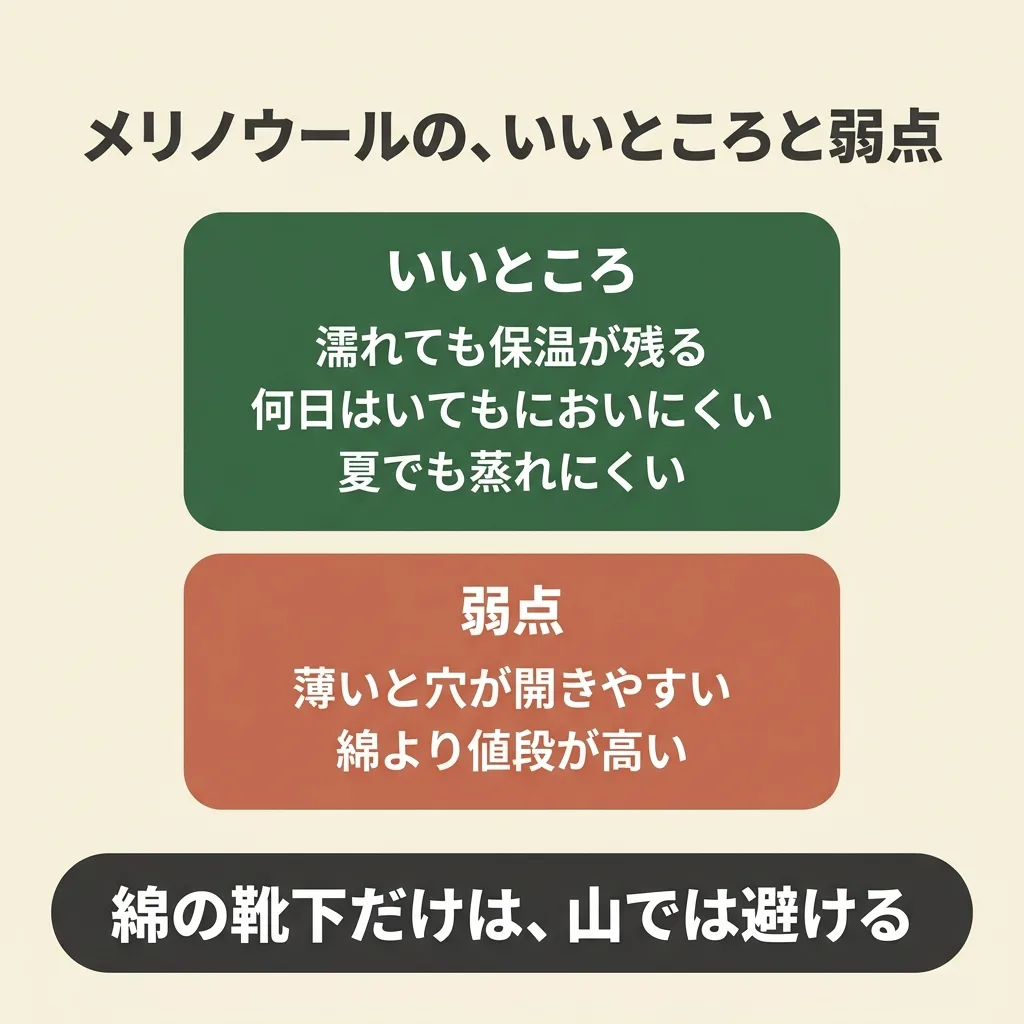 メリノウールの靴下の長所は濡れても保温すること、においが出にくいこと。弱点は薄いと穴が開きやすいこと