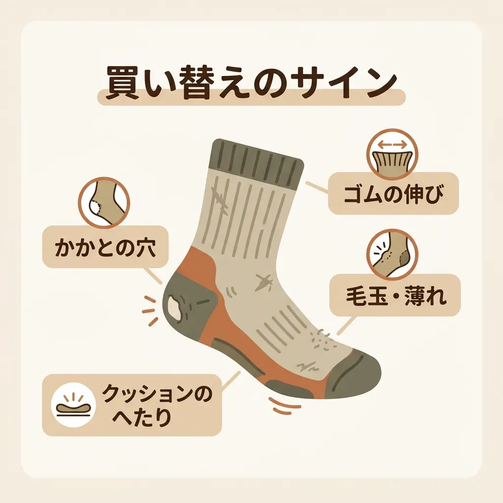 穴やクッションのへたりなど登山用靴下の買い替え目安を4つで整理