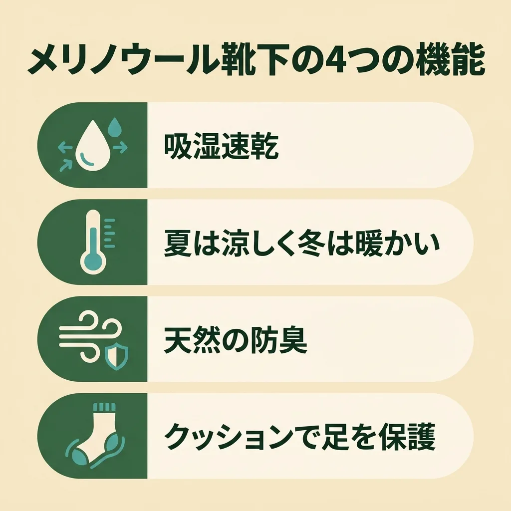 メリノウール靴下の4つの機能:吸湿速乾・調温・天然の防臭・クッション保護