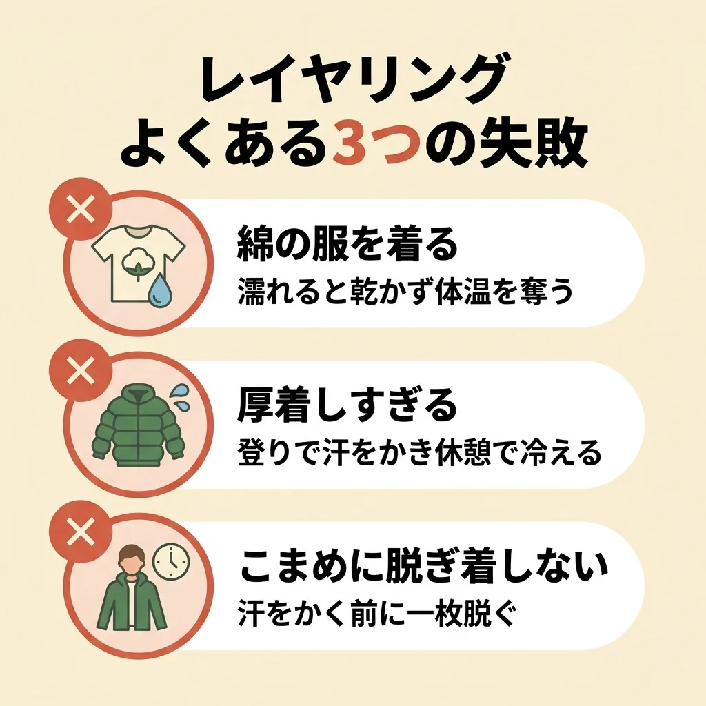 レイヤリングでよくある3つの失敗：綿を着る・厚着しすぎ・脱ぎ着をしない