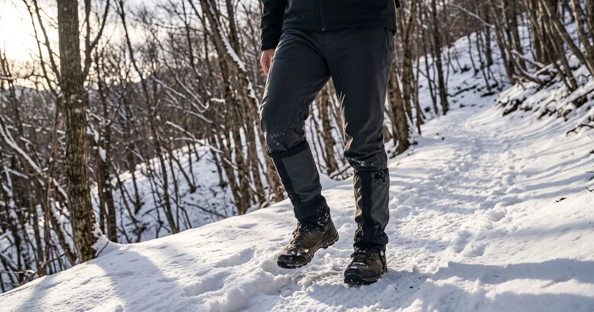 雪の残る冬の登山道を歩く登山者の下半身