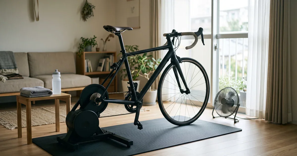 部屋の中で、後輪を外したロードバイクをスマートトレーナーに取り付けたところ