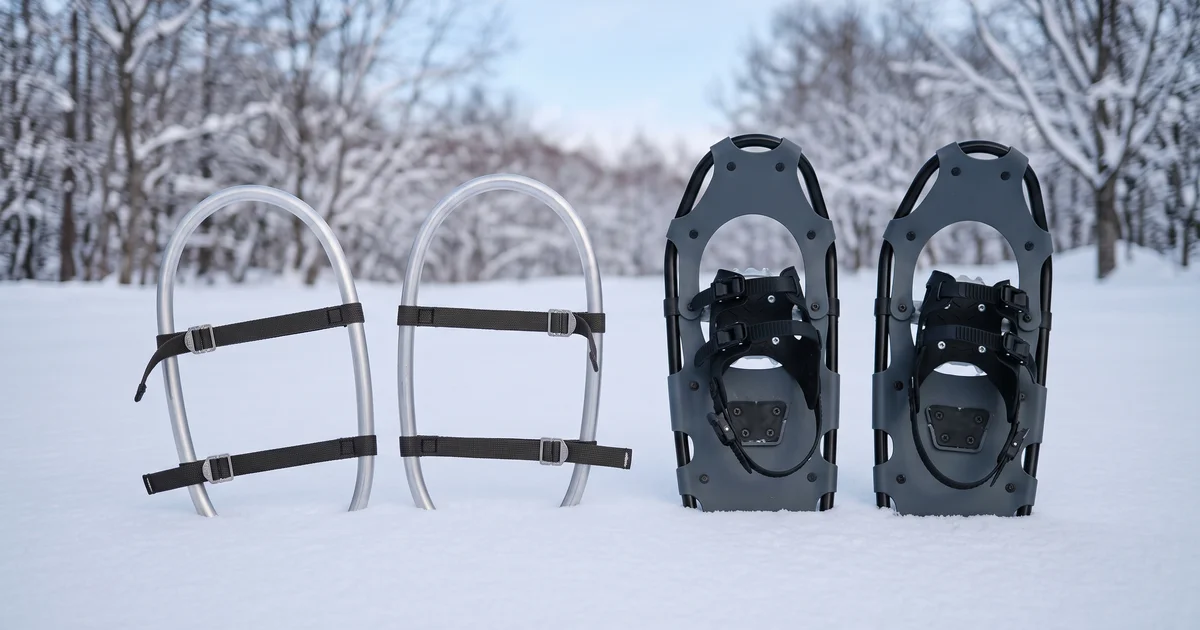 雪の上に並べた、アルミのワカンと、デッキのあるスノーシュー