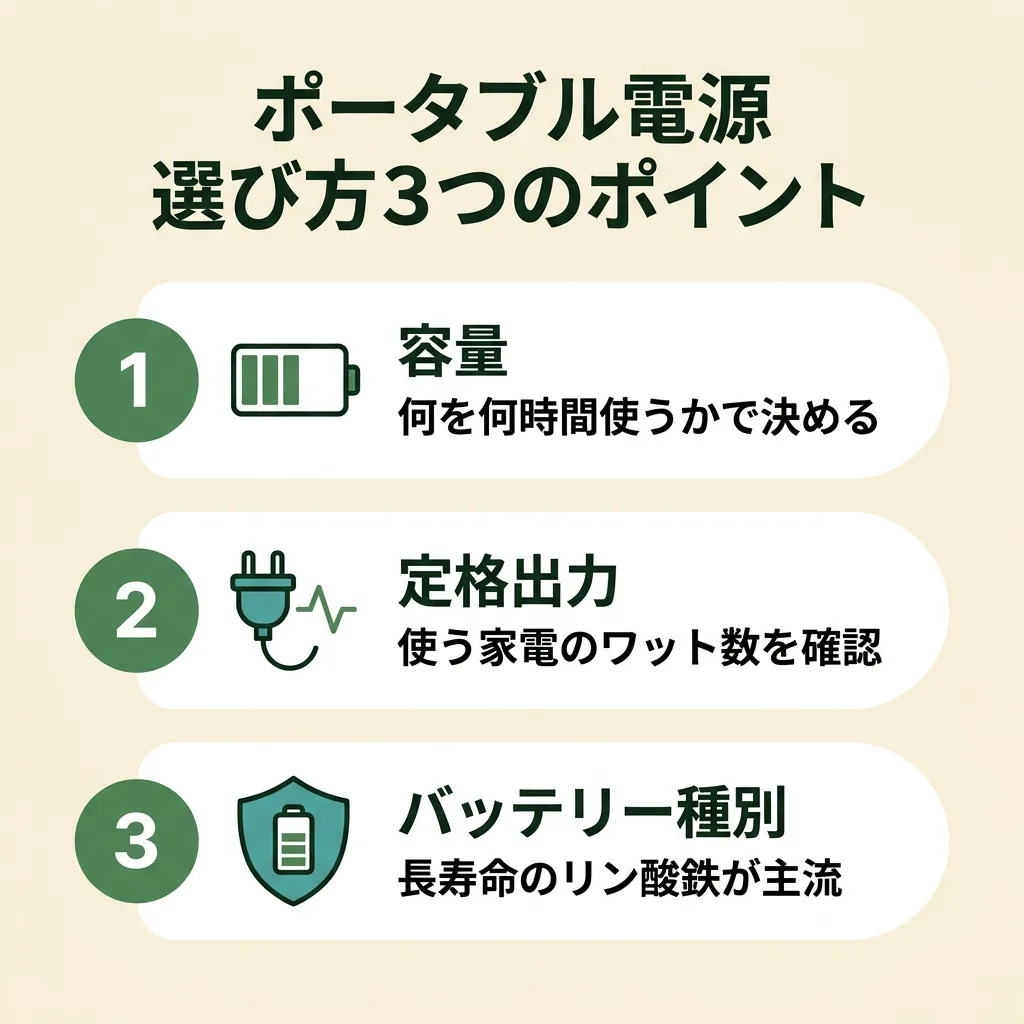 ポータブル電源の選び方3ポイント:容量・定格出力・バッテリー種別