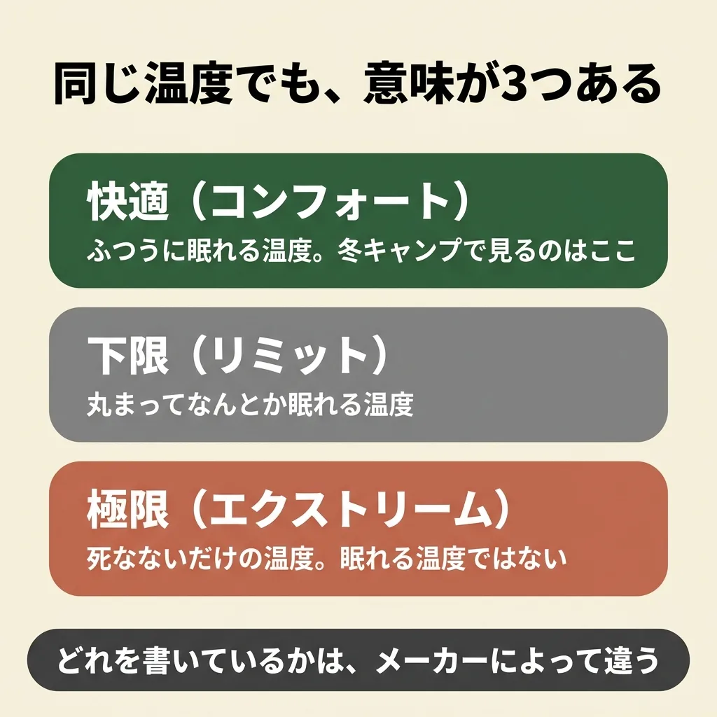 寝袋の温度表記は3種類。快適は普通に眠れる温度、下限は丸まって耐える温度、極限は死なない温度