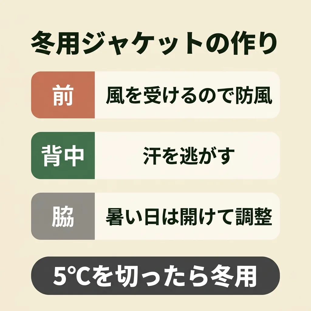 冬用ジャケットの作り。前は風を受けるので防風、背中は汗を逃がす、0℃用は脇を開けて調整
