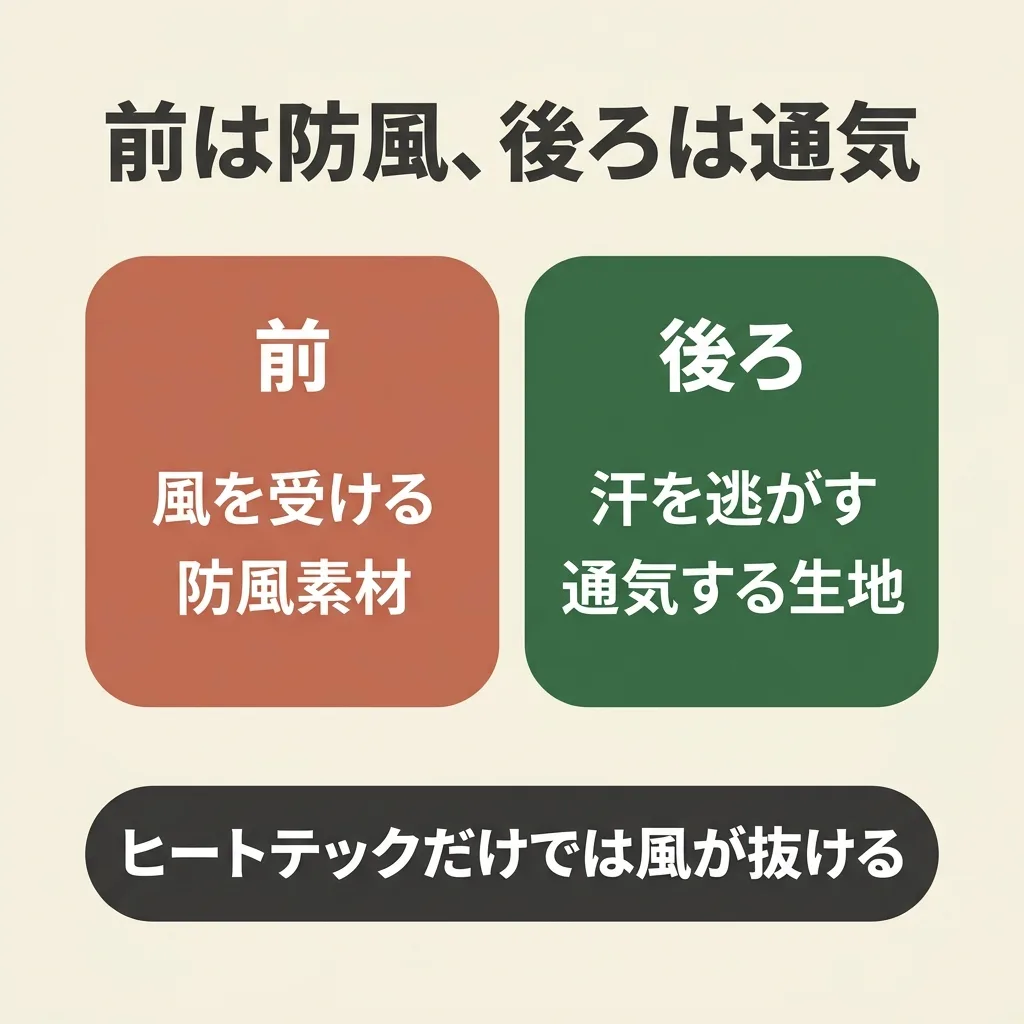 冬用タイツは前が防風、後ろは通気。走ると風を受けるのは脚の前側