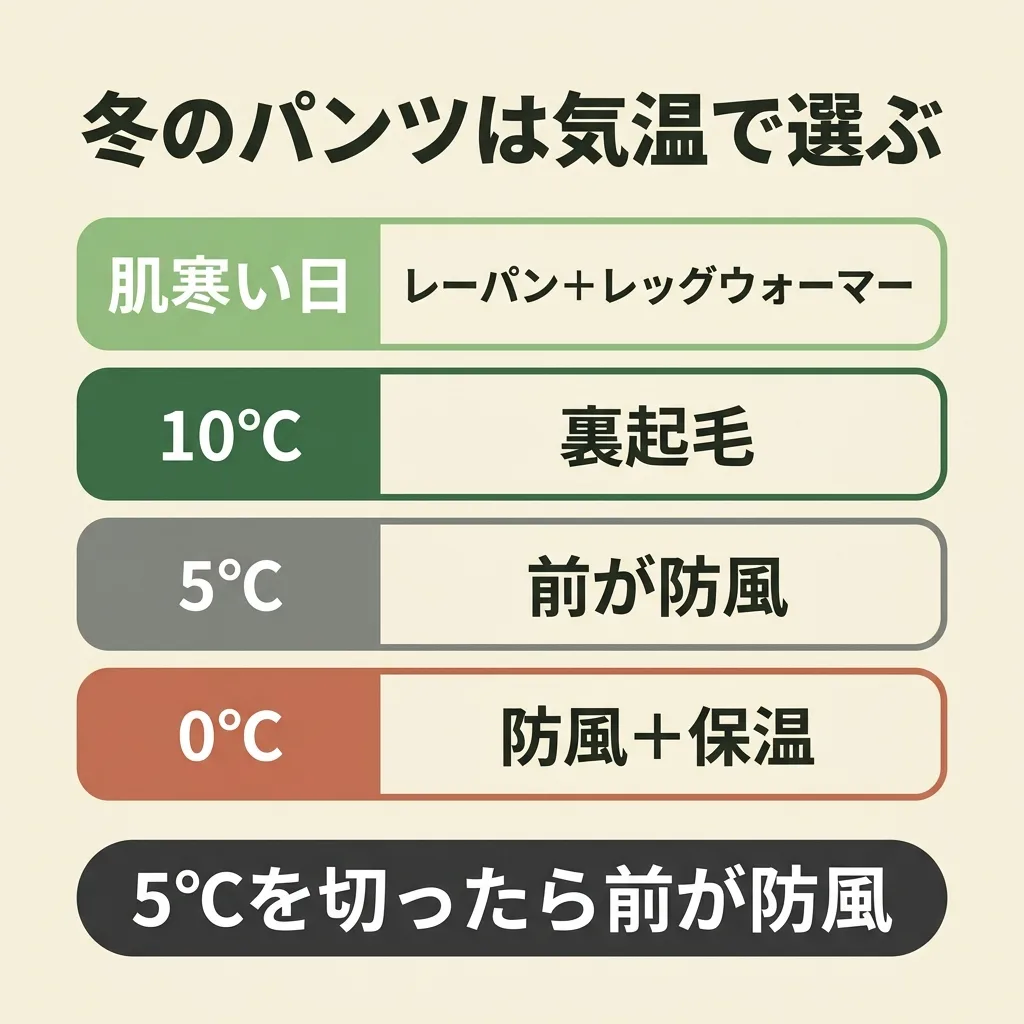 冬のサイクルパンツは気温で選ぶ。肌寒い日はレーパンにレッグウォーマー、10℃は裏起毛、5℃は前が防風、0℃は防風に保温