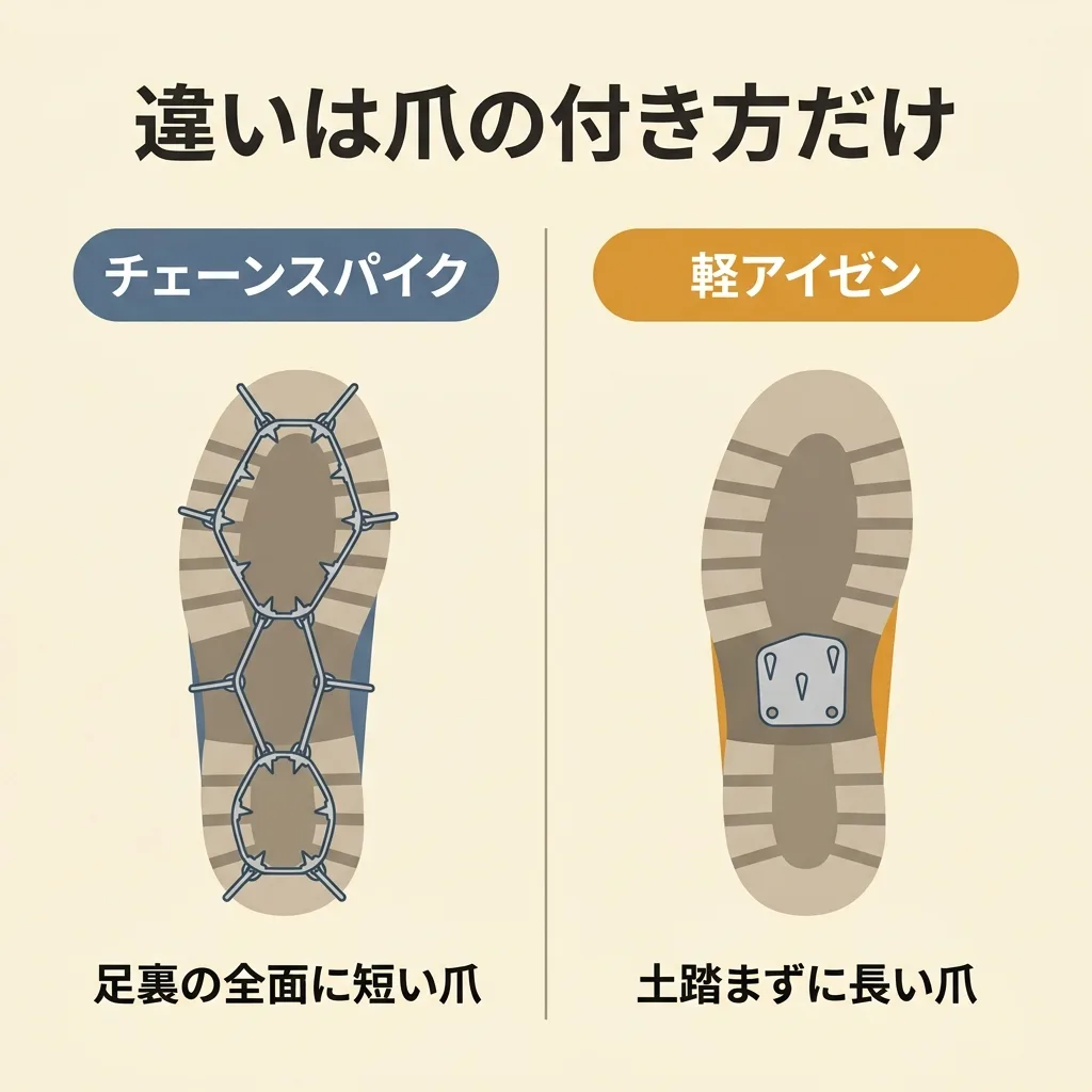 チェーンスパイクと軽アイゼンの違い:爪が足裏全面にあるか、土踏まずだけにあるか