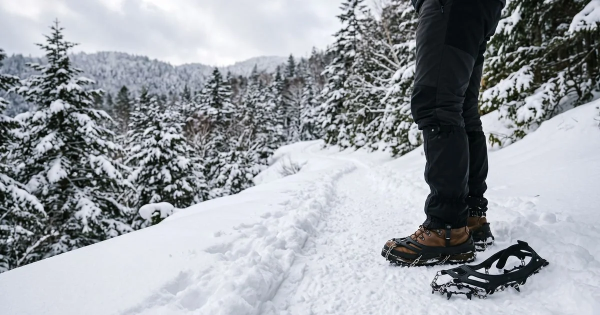 雪の登山道でチェーンスパイクを登山靴に装着しているところ