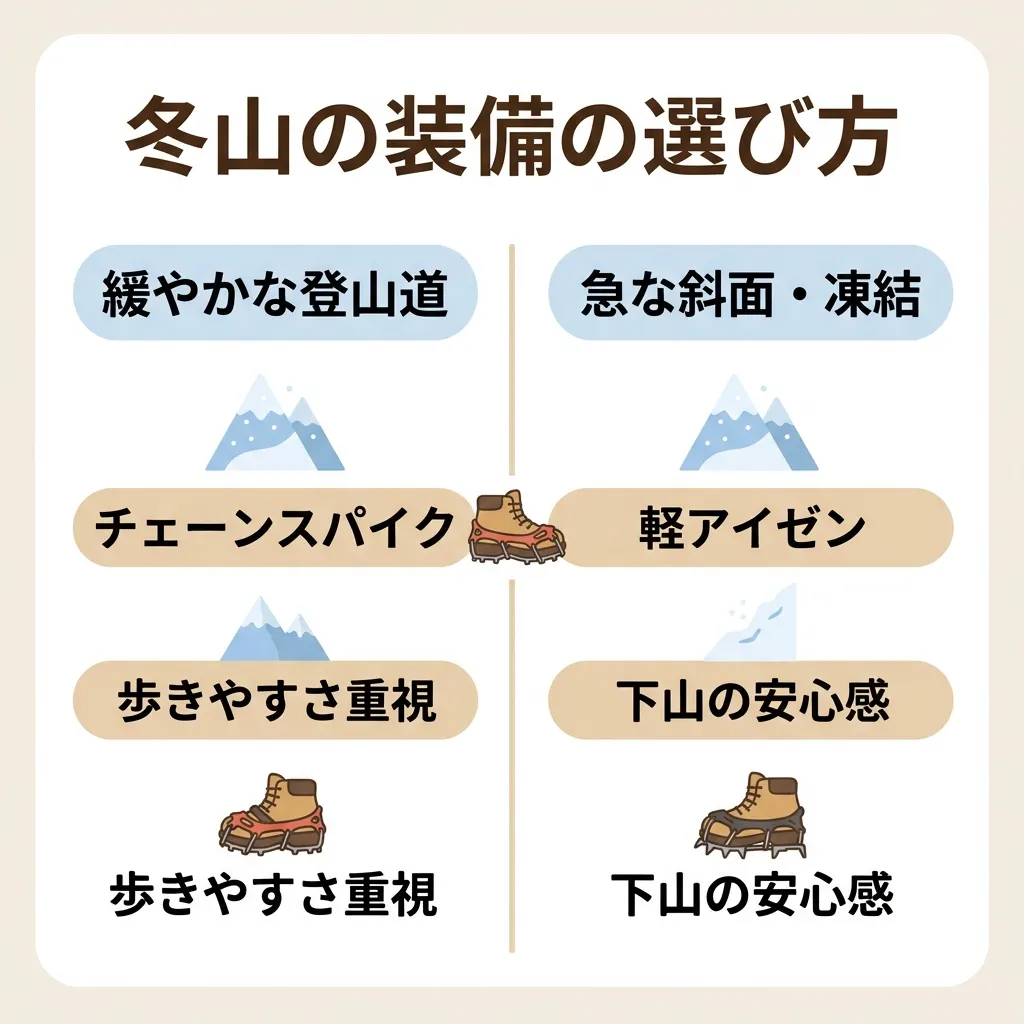 緩やかな道はチェーンスパイク、急な斜面や凍結は軽アイゼンという選び方の目安