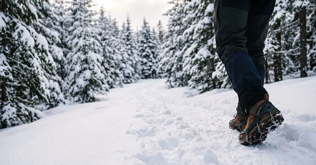 雪の積もった樹林帯の登山道を歩くハイカーの足元。3シーズンの登山靴にチェーンスパイクを付けている