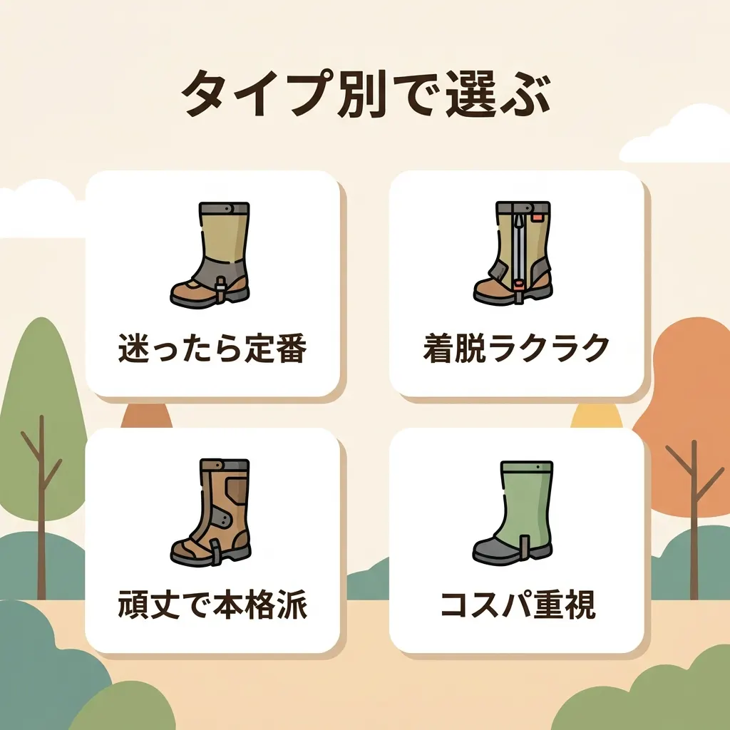 重視ポイント別にゲイターのタイプを整理。定番・着脱・頑丈・コスパで選ぼう