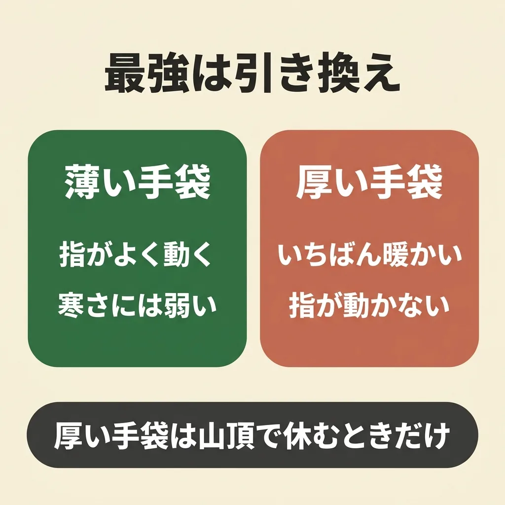 手袋の最強は暖かさと指の動きの引き換え。厚いほど暖かいが指が動かない