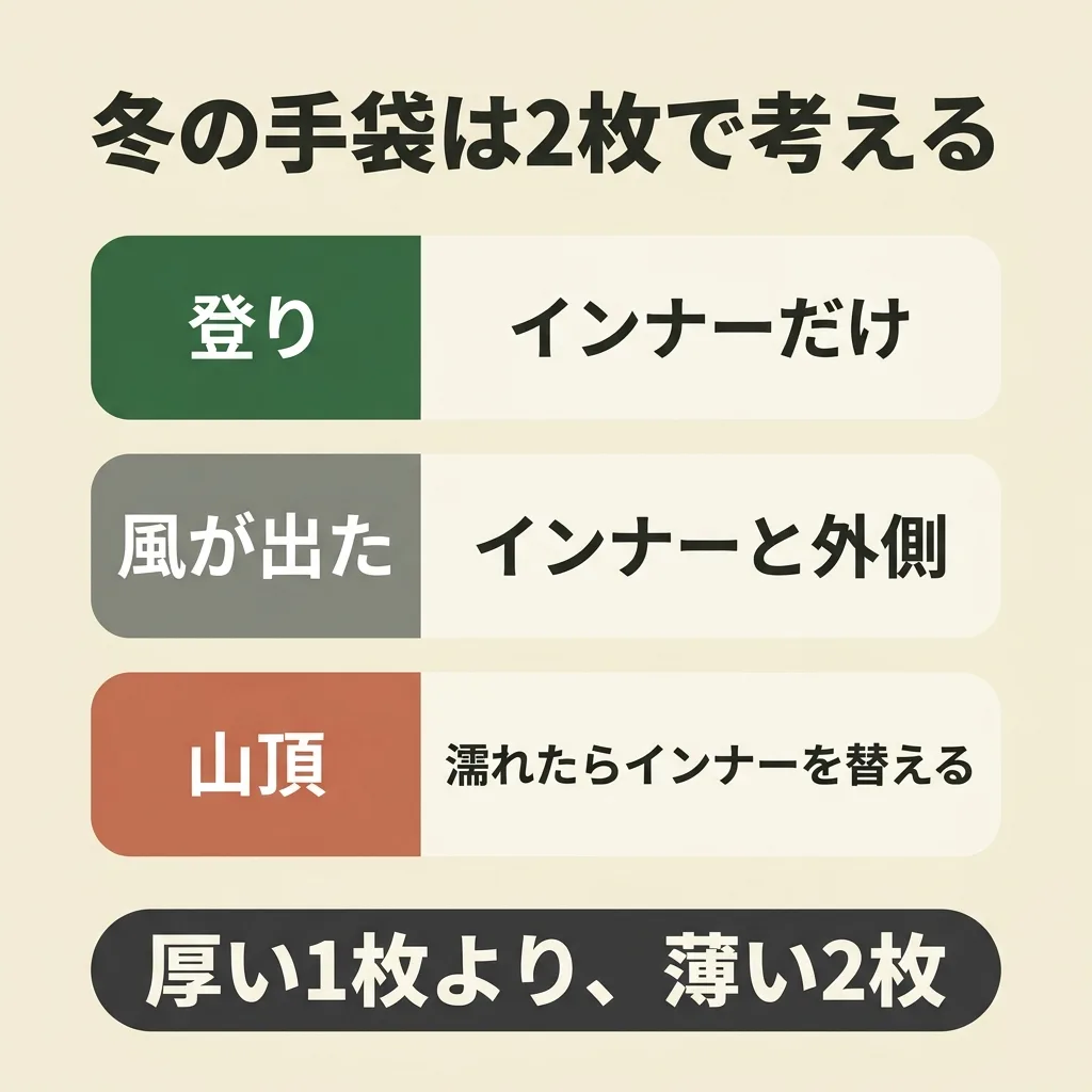 冬の手袋は2枚持ち。登りはインナーだけ、風が出たら外側を重ねる、濡れたらインナーだけ替える