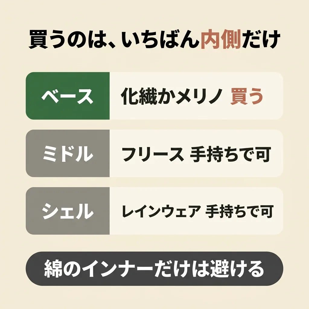 冬の低山の服装は3枚。肌に触れるベースは化繊かメリノ、中間はフリース、外側はレインウェア