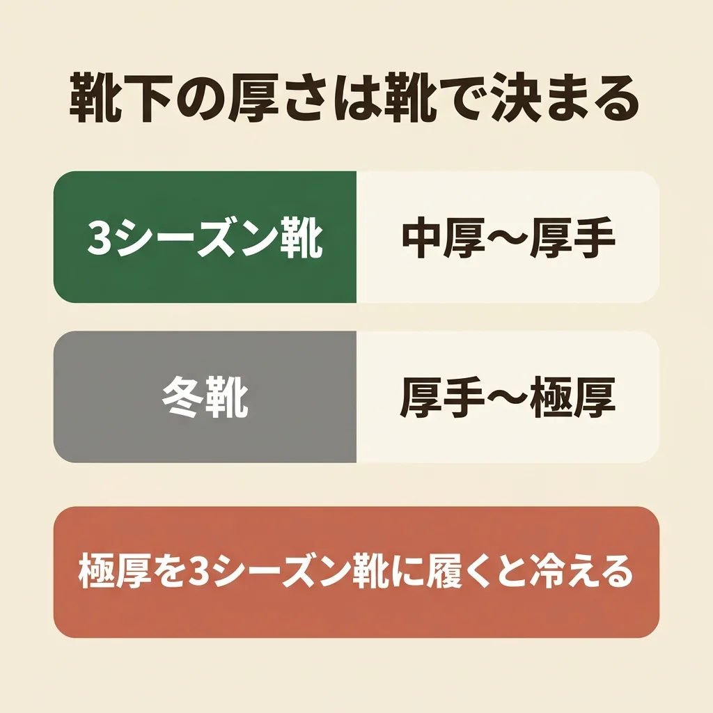 靴下の厚さは靴で決まる。3シーズン靴なら中厚から厚手、冬靴なら厚手から極厚。極厚を3シーズン靴に履くとかえって冷える