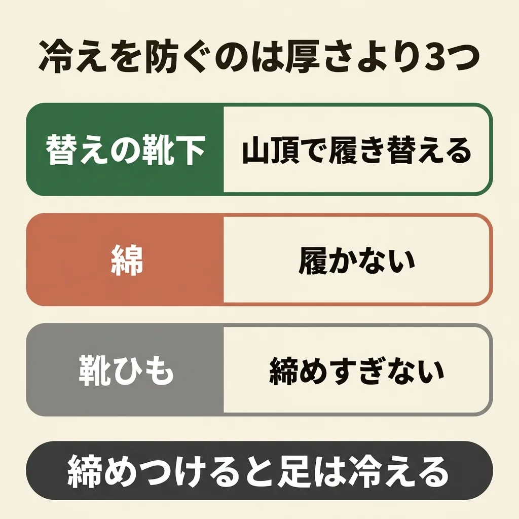 足の冷えを防ぐのは厚さより3つ。替えの靴下を山頂で履き替える、綿の靴下は履かない、靴ひもを締めすぎない
