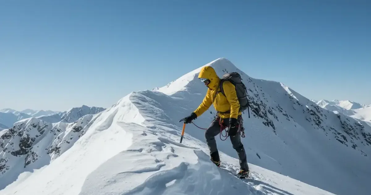 冬山の稜線を登るハードシェル姿の登山者